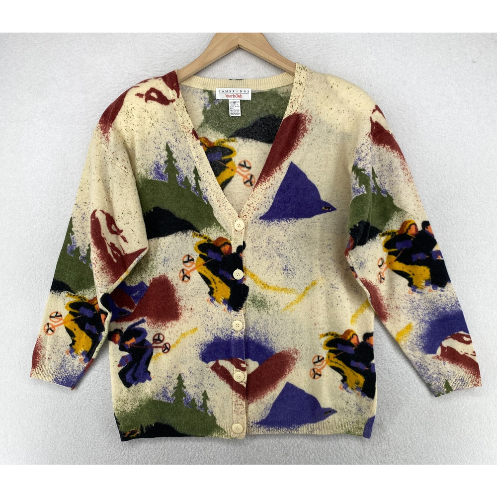 CAMBRIDGE Sweater S Cardigan Lambswool Ski Apres Aspen Sun Valley Chic VTG Beige - Picture 1 of 11